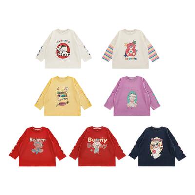 幼悠 女童卡通印花假两件T恤2026春季萌趣可爱罗纹领圈休闲上衣潮