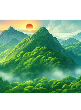 有山无水靠山画旭日东升背靠青山图办公室沙发客厅背景墙装饰壁画