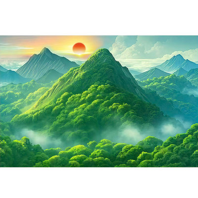 有山无水靠山画旭日东升背靠青山图办公室沙发客厅背景墙装饰壁画
