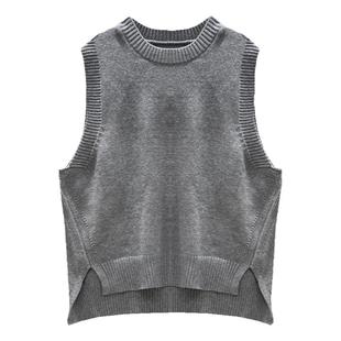 圆领套头针织无袖马甲背心女2025年春新款侧面开叉宽松大码中长款