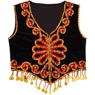 新疆舞蹈演出马甲女成人黑色维族民族舞裙外搭背心丝绒拉链式坎肩