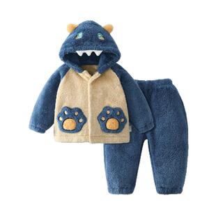 齐齐熊宝宝睡衣冬季男女童加厚珊瑚绒家居服套装儿童睡衣可外穿