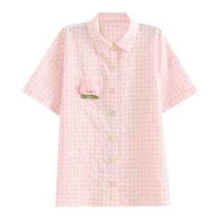森女部落学院风短袖格子衬衫女款2026新款甜美桃子百搭宽松上衣夏