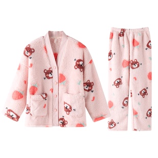 造福鸟新款草莓熊睡衣女秋冬季珊瑚绒加厚套装休闲开衫家居服套装
