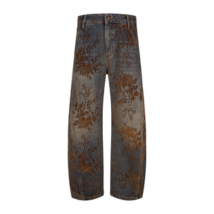 冬季加绒加厚牛仔裤男痞帅美式复古提花植绒刺绣弯刀香蕉裤潮裤子