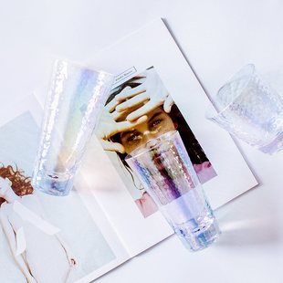 水晶离镀杯 ins炫彩水杯家用个性 新品 彩虹锤纹玻璃杯创意七彩日式