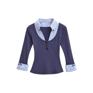 YoungGirlDay 御姐高智感衬衫领拼接假两件收腰显瘦七分袖T恤上衣