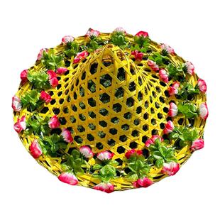 新款竹编舞蹈斗笠道具儿童表演彩色镂空成人花朵广场舞台大檐帽子