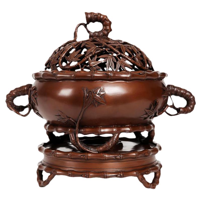 铜聚德 纯铜竹节连座香薰炉 纯紫铜手工仿古香道佛具用品铜熏香炉
