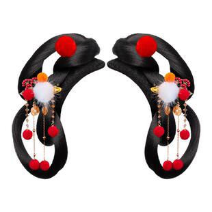 唐风复古一体式假发髻绢纱花朵长流苏毛茸茸头饰组合盘发造型饰品