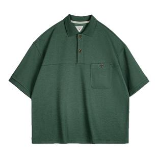 马登工装 美式复古绿色polo衫短袖重磅宽松学院风翻领半袖t恤男夏
