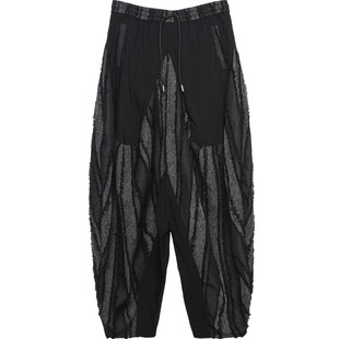 小众山本风潮牌暗黑宽松大码哈伦九分裤男拼接条纹灯笼裤痞飞鼠裤