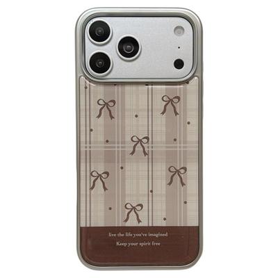 jze 韩风简约棕格纹蝴蝶结适用苹果17ProMax手机壳iphone15新款16pro少女心13超火15pro电镀滴胶14防摔保护套