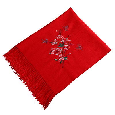 加厚羊绒大红色结婚刺绣两用围巾