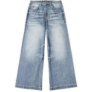 【张凌赫代言】Lee25冬新舒适破洞设计复古水洗浅蓝女阔腿牛仔裤