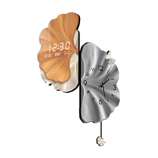 银杏叶拐角挂钟现代轻奢客厅万年历电子钟表2026新款双面转角时钟