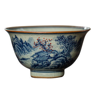 景德镇老陶泥功夫茶杯纯手绘青花山水品茗杯裂纹釉茶具主人杯单个