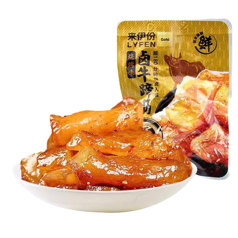来伊份卤牛蹄筋500g烧烤味熟即食牛肉特产小吃下午茶办公休闲零食