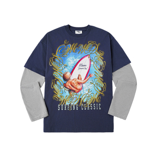 WHOOSIS（不知其名）闪粉印花假两件长袖T恤春季美式复古休闲男女