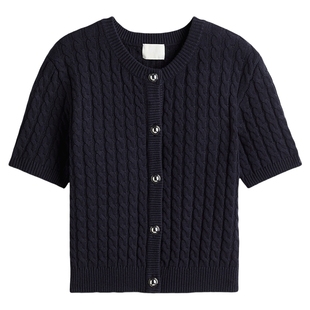 HM女装毛针织衫春季短袖时尚绞花针织miu系开衫1289600