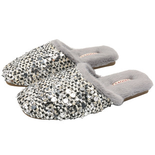 秋冬季时尚甜美小香风亮片女士棉拖鞋厚底防滑轻声轻便家用居家鞋