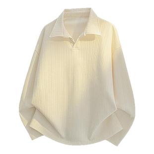 GENIOLAMODE男款polo领卫衣日系慵懒竖纹肌理感重磅翻领秋长袖t恤