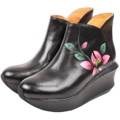 真皮短靴女2025新款坡跟厚底