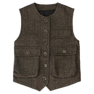 7AM10PM 复古英伦风花纱呢毛呢马甲人字纹毛呢坎肩背心女外穿马夹