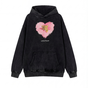 「周里物出品」黑色卫衣女2025秋季新款红漆小豹印花复古宽松上衣