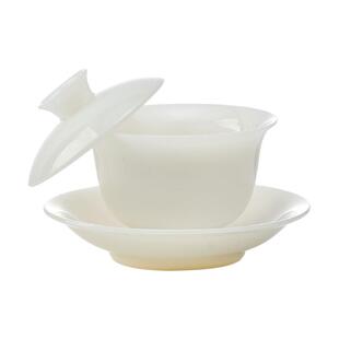 金镶玉冰种璞玉白瓷悬停盖碗中国白玉瓷高端功夫茶具陶瓷泡茶杯子