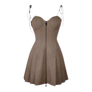 孟子义明星同款咖色绑带吊带连衣裙女收腰复古辣妹短裙抹胸a字裙