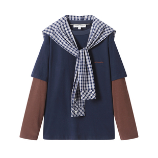 ANDREA MARTIN2026春季新款拼接T恤男女同款长袖真两件宽松上衣服