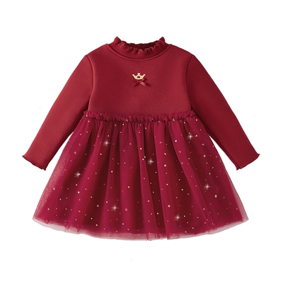女童连衣裙春秋宝宝高领加绒蓬蓬网纱裙子小童礼服儿童红色公主裙
