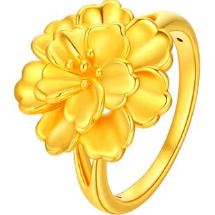 梦金园显大牡丹花黄金戒指硬金足金闭口戒子指环女优雅送长辈礼物