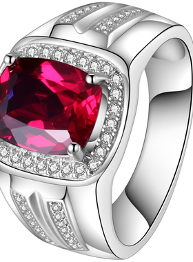 时尚红宝石戒指男士银饰银镀金镶嵌宝石饰品轻奢精致定做白金刻字