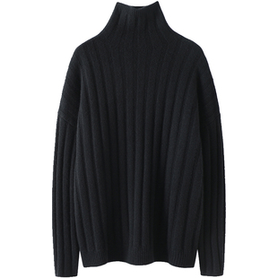 启超男女黑色粗坑条重磅山羊绒衫女粗棒针织加厚高领羊绒毛衣套头