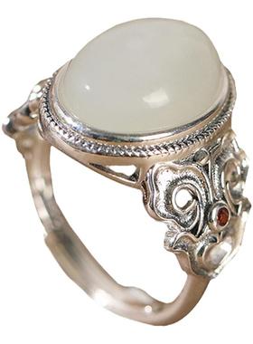 S925银天然和田白玉蛋面个性如意祥云古典设计感开口戒指调节简约