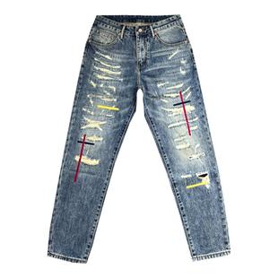 欧美街头痞帅破洞补丁刺绣牛仔裤男款百搭微锥型小直筒裤子乞丐裤