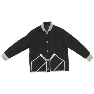 黑色重工棉服修身菱格仿珍珠手工小众设计chic港风立领外套女孤品