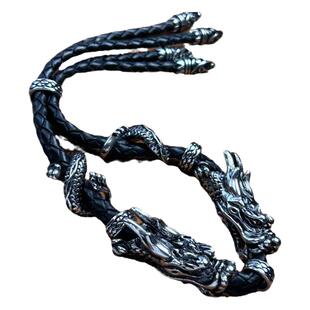 国潮个性霸气黑编织皮绳腾龙手链潮男士饰品朋克复古龙生肖配饰