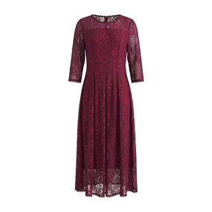 马天奴2026春夏新款酒红蕾丝圆领收腰长袖连衣裙子长裙气质时尚女