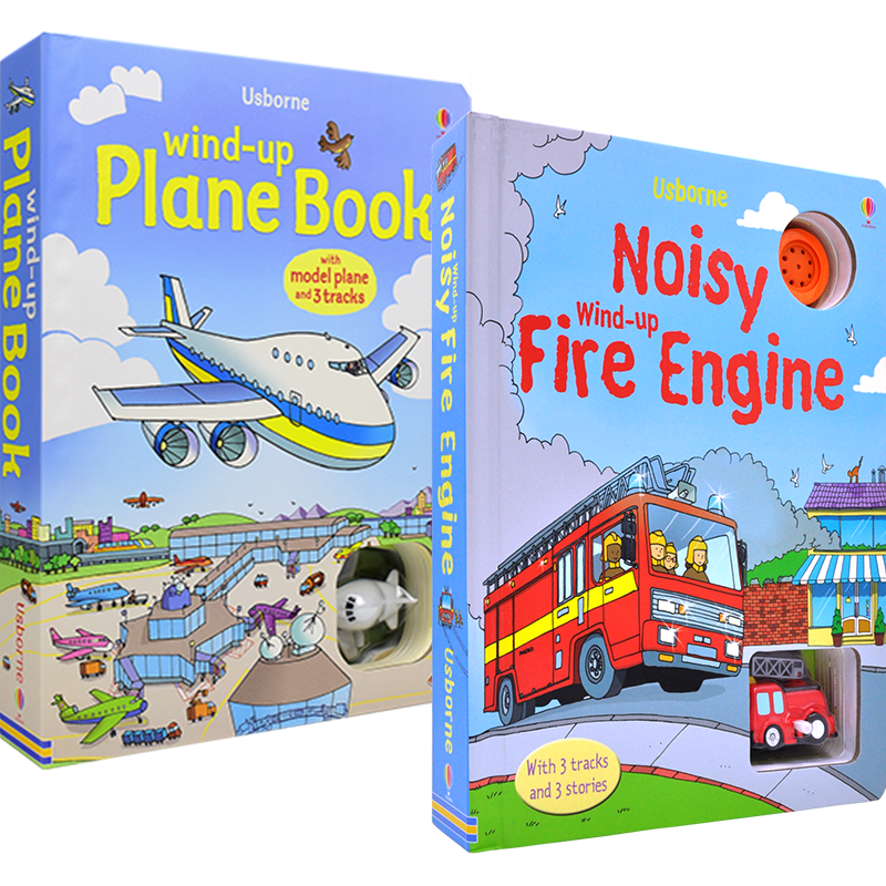 Usborne Wind-Up Fire engine Plane Book 发条玩具轨道书2册 消防车飞机 事物认知 儿童英语故事绘本 地板书 英文原版进口图书