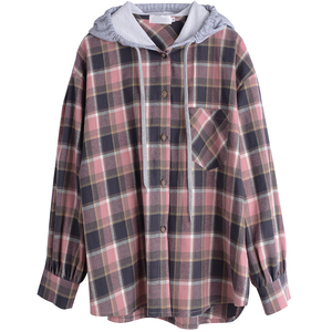 胖莹莹大码女装300斤胖mm韩版少女感宽松格子假两件休闲连帽衬衫