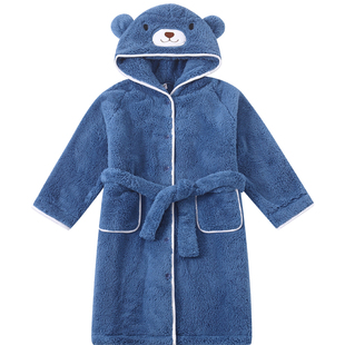 秋冬季儿童睡袍保暖加厚珊瑚绒加长高端游泳浴巾长款拉条睡衣浴衣