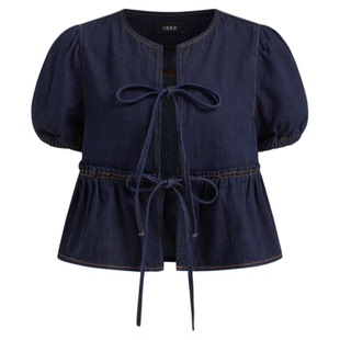 【明星同款】CIDER美式牛仔衣显瘦蝴蝶结泡泡袖宽松衬衫114498674