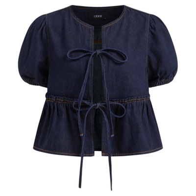CIDER牛仔系扣蝴蝶结泡泡袖衬衫