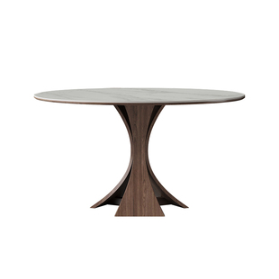 北欧实木餐桌圆形带转盘6人家用现代简约意式高端亮光岩板圆餐桌