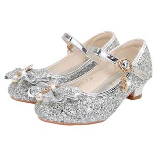 女童公主鞋2026新款高跟水晶软底小女孩艾莎金色皮鞋配裙子儿童鞋