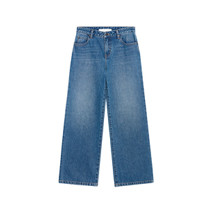 440ME女装 经典水洗蓝中低腰宽松时尚直筒长裤牛仔裤FCSS0919W
