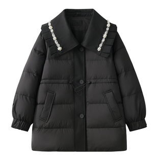 2025新款女装冬季收腰中长款羽绒服女黑色显瘦钉珠娃娃领外套女生